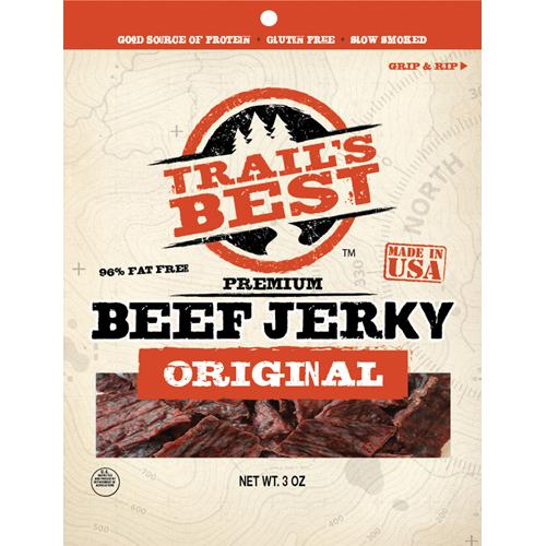 Trail’s Best Hickory Smoked Beef Jerky 3 ounce pack. Packed in a 3oz resealable bag.