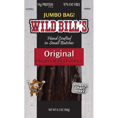 Wild Bill's Hickory Smoked Beef Jerky 6.5 ounce pack. Packed in a 6.5oz resealable bag.