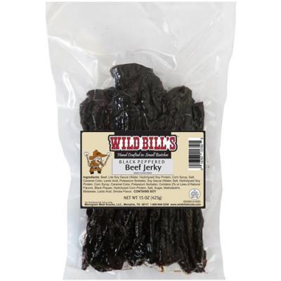 Wild Bill's Black Peppered Beef Jerky Strips 15 ounce pack. Each pack averages thirty 7 inch strips.