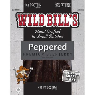 Wild Bill's Black Peppered Beef Jerky Strips 3 ounce pack. Packed in a 3oz resealable bag.