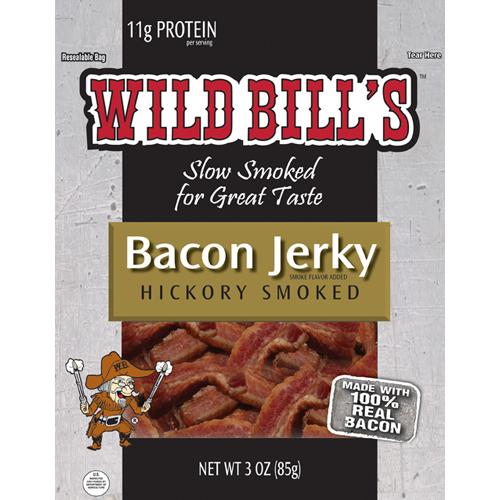 Wild Bill's Hickory Smoked Bacon Jerky 3 ounce pack. Packed in a 3oz resealable bag.