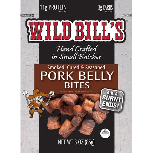 Wild Bill’s Pork Belly Bites. Packed in a 3oz resealable bag.