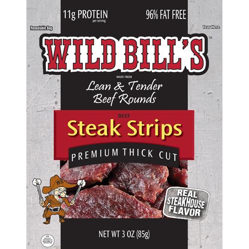 Wild Bill’s Premium Thick Cut Steak Strips. Packed in a 3oz resealable bag.