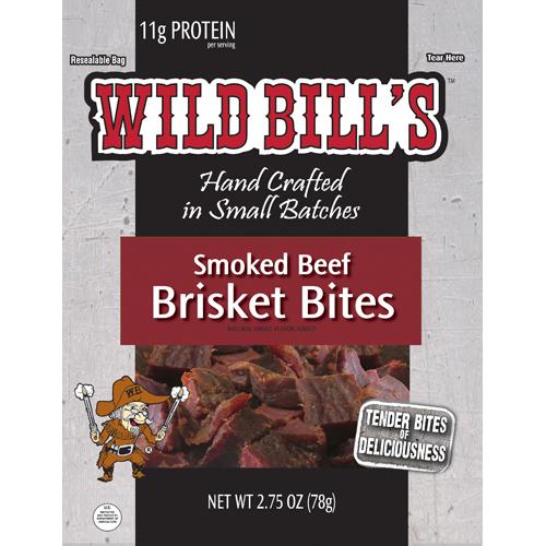 Wild Bill’s Smoked Beef Brisket Bites. Packed in a 2.75oz resealable bag.